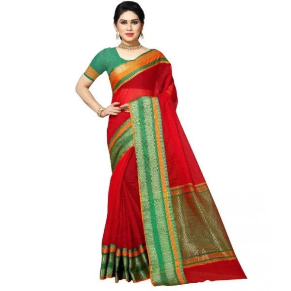 Women's Kota Doria Cotton Border Saree With Women>Ethnic Wear>Blouse (Red, 5-6 Mtrs)
