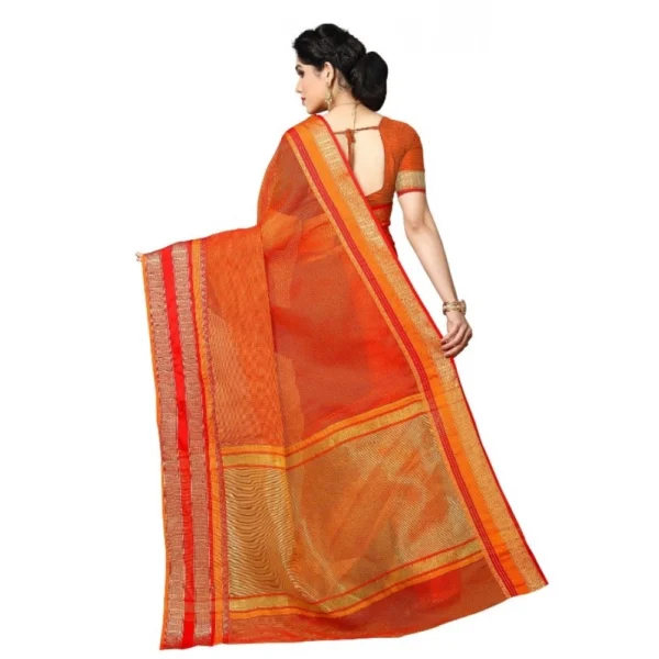 Women's Kota Doria Cotton Border Saree With Women>Ethnic Wear>Blouse (Orange, 5-6 Mtrs) - Image 4