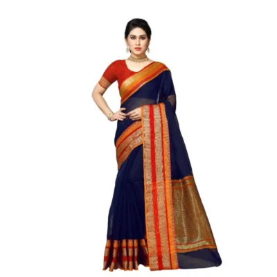 Women's Kota Doria Cotton Border Saree With Women>Ethnic Wear>Blouse (Navy Blue, 5-6 Mtrs)