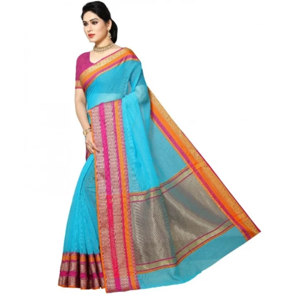 Women's Kota Doria Cotton Border Saree With Women>Ethnic Wear>Blouse (Sky Blue, 5-6 Mtrs) - Image 2