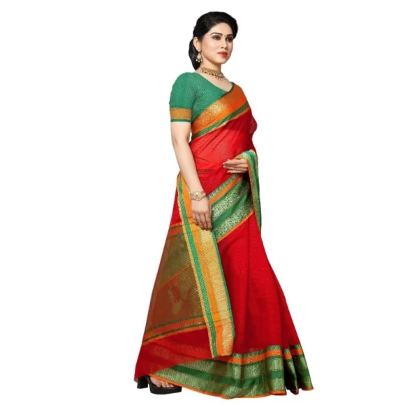 Women's Kota Doria Cotton Border Saree With Women>Ethnic Wear>Blouse (Red, 5-6 Mtrs) - Image 3