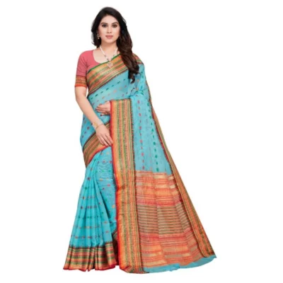 Women's Kota Doria Cotton Woven Butta Saree With Women>Ethnic Wear>Blouse (Sky Blue, 5-6 Mtrs)