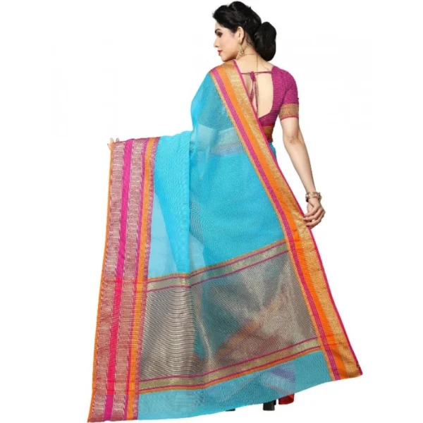 Women's Kota Doria Cotton Border Saree With Women>Ethnic Wear>Blouse (Sky Blue, 5-6 Mtrs) - Image 4