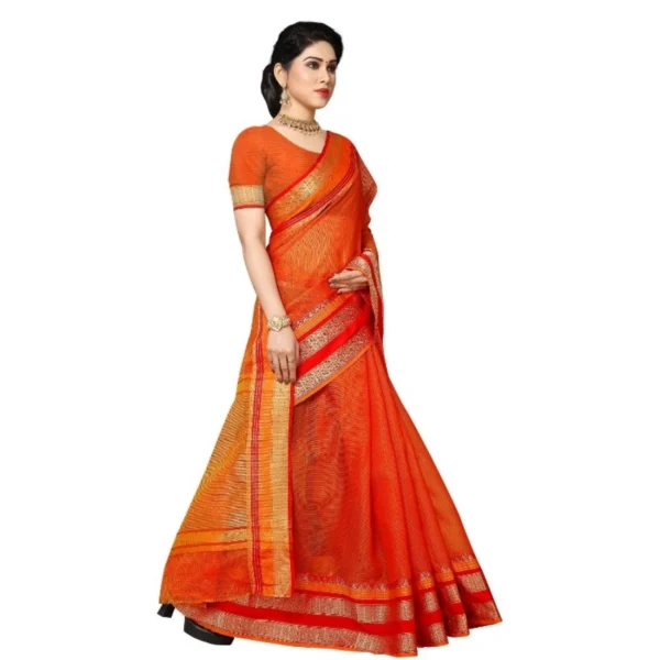 Women's Kota Doria Cotton Border Saree With Women>Ethnic Wear>Blouse (Orange, 5-6 Mtrs) - Image 3