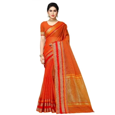 Women's Kota Doria Cotton Border Saree With Women>Ethnic Wear>Blouse (Orange, 5-6 Mtrs)