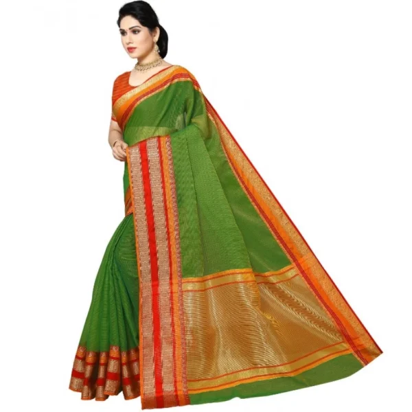 Women's Kota Doria Cotton Border Saree With Women>Ethnic Wear>Blouse (Green, 5-6 Mtrs) - Image 2