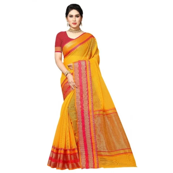 Women's Kota Doria Cotton Border Saree With Women>Ethnic Wear>Blouse (Gold, 5-6 Mtrs)