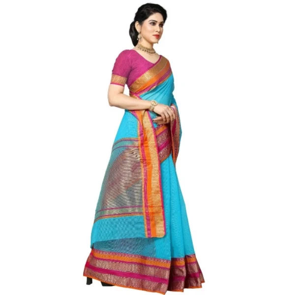 Women's Kota Doria Cotton Border Saree With Women>Ethnic Wear>Blouse (Sky Blue, 5-6 Mtrs) - Image 3