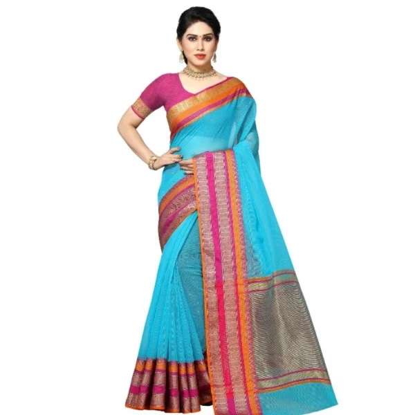 Women's Kota Doria Cotton Border Saree With Women>Ethnic Wear>Blouse (Sky Blue, 5-6 Mtrs)