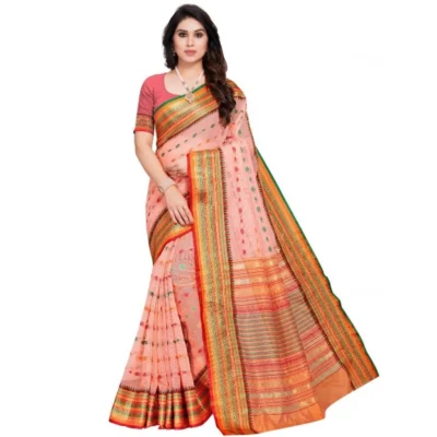 Women's Kota Doria Cotton Woven Butta Saree With Women>Ethnic Wear>Blouse (Peach, 5-6 Mtrs)