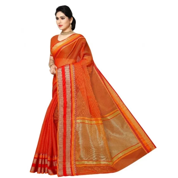 Women's Kota Doria Cotton Border Saree With Women>Ethnic Wear>Blouse (Orange, 5-6 Mtrs) - Image 2