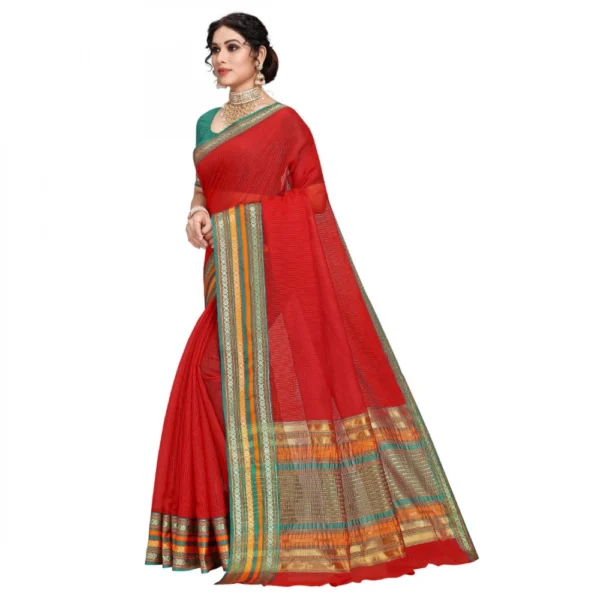 Women's Kota Doria Cotton Bordered Saree With Women>Ethnic Wear>Blouse (Red, 5-6 Mtrs) - Image 4