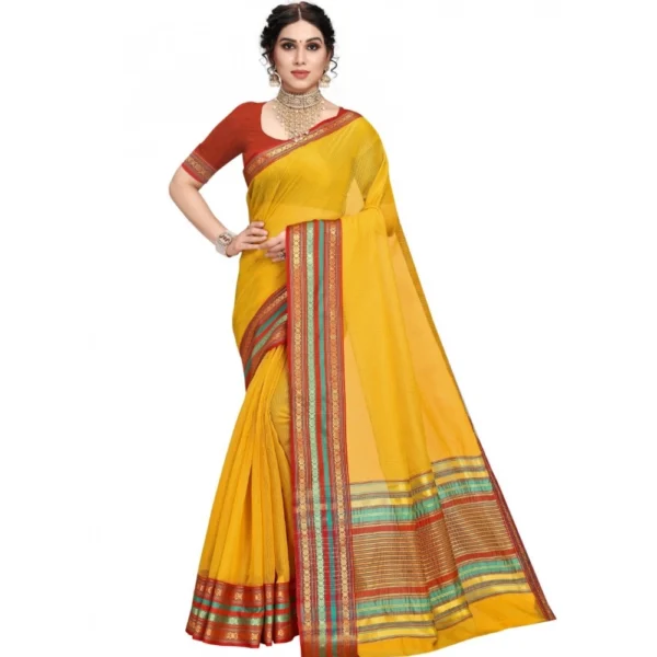 Women's Kota Doria Cotton Bordered Saree With Women>Ethnic Wear>Blouse (Yellow, 5-6 Mtrs)