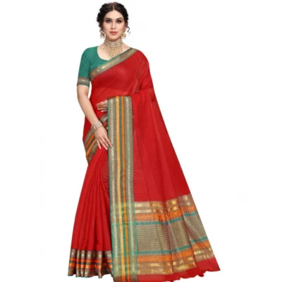 Women's Kota Doria Cotton Bordered Saree With Women>Ethnic Wear>Blouse (Red, 5-6 Mtrs)