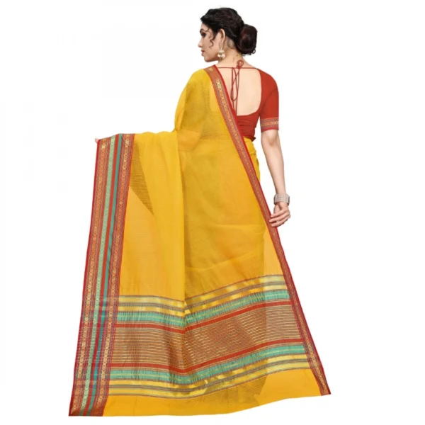 Women's Kota Doria Cotton Bordered Saree With Women>Ethnic Wear>Blouse (Yellow, 5-6 Mtrs) - Image 2