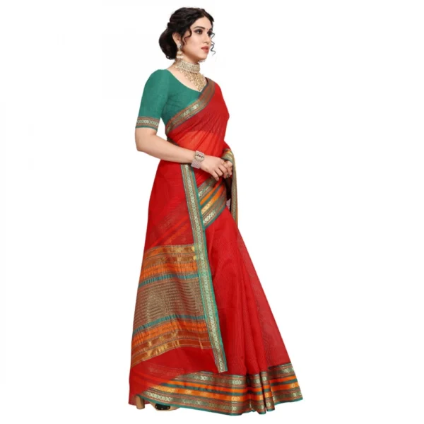 Women's Kota Doria Cotton Bordered Saree With Women>Ethnic Wear>Blouse (Red, 5-6 Mtrs) - Image 3
