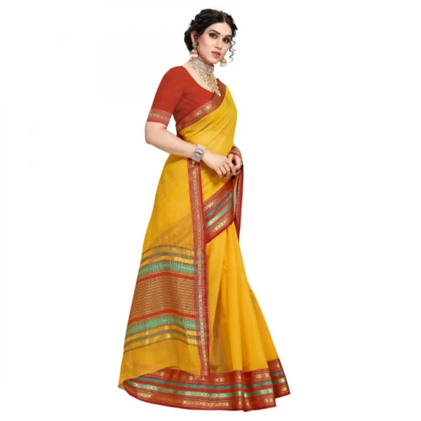 Women's Kota Doria Cotton Bordered Saree With Women>Ethnic Wear>Blouse (Yellow, 5-6 Mtrs) - Image 3