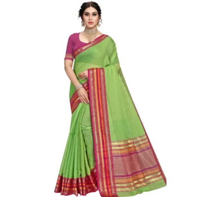 Women's Kota Doria Cotton Bordered Saree With Women>Ethnic Wear>Blouse (Light Green, 5-6 Mtrs)