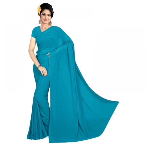 Women's Georgette Plain Saree With Women>Ethnic Wear>Blouse (Dark Firozi, 5-6 Mtrs)