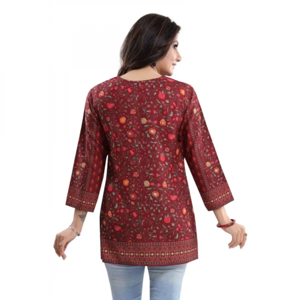 Women's Quarter Sleeve Faux Crepe Printed Short Kurti Tunic Top (Color:Red) - Image 2