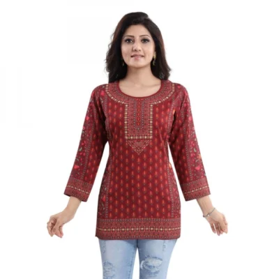 Women's Quarter Sleeve Faux Crepe Printed Short Kurti Tunic Top (Color:Red)