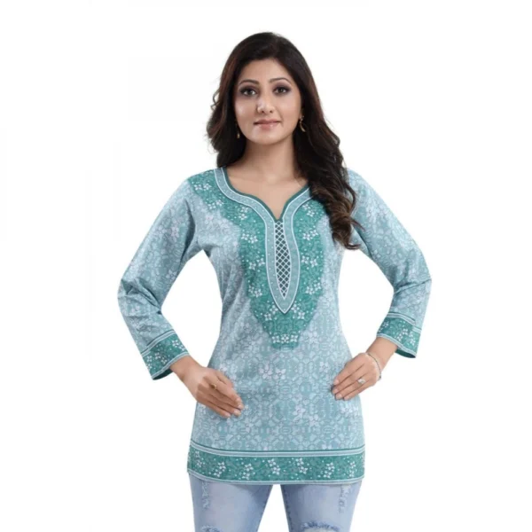 Women's Quarter Sleeve Faux Crepe Printed Short Kurti Tunic Top (Color:Blue) - Image 3