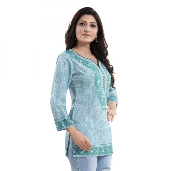 Women's Quarter Sleeve Faux Crepe Printed Short Kurti Tunic Top (Color:Blue) - Image 5