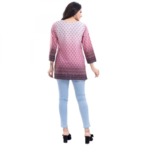 Women's Quarter Sleeve Faux Crepe Printed Short Kurti Tunic Top (Color:Pink) - Image 2