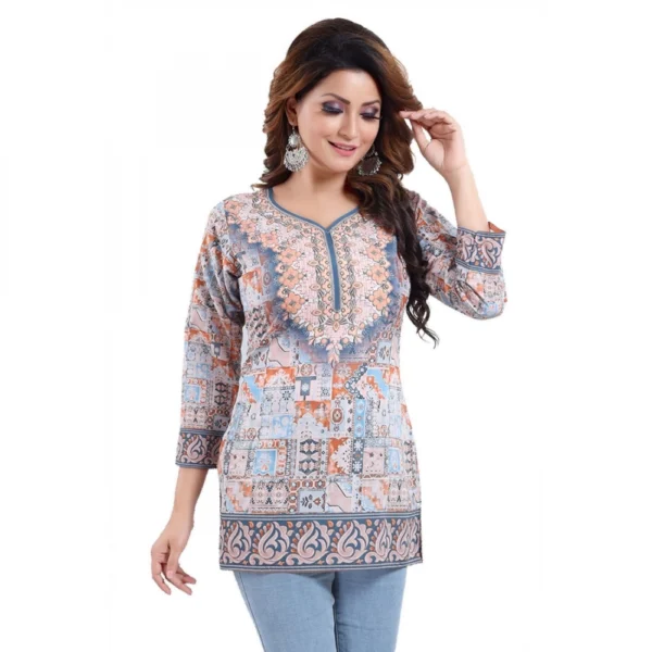 Women's Quarter Sleeve Faux Crepe Printed Short Kurti Tunic Top (Color:Blue) - Image 5