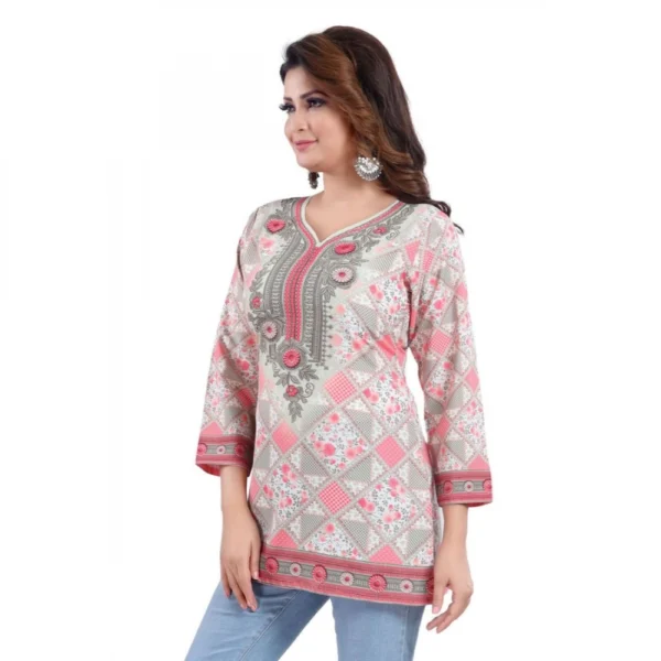 Women's Quarter Sleeve Faux Crepe Printed Short Kurti Tunic Top (Color:Pink) - Image 3