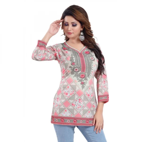 Women's Quarter Sleeve Faux Crepe Printed Short Kurti Tunic Top (Color:Pink) - Image 5