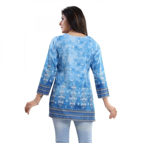Women's Quarter Sleeve Faux Crepe Printed Short Kurti Tunic Top (Color:Sky Blue) - Image 2