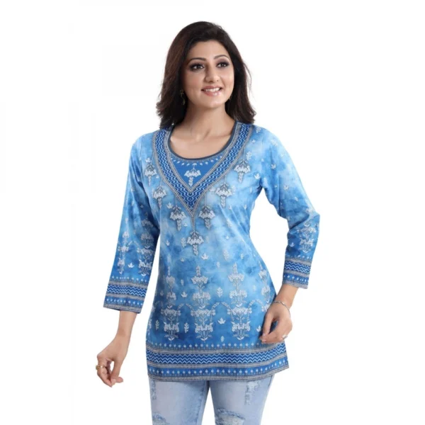 Women's Quarter Sleeve Faux Crepe Printed Short Kurti Tunic Top (Color:Sky Blue) - Image 6