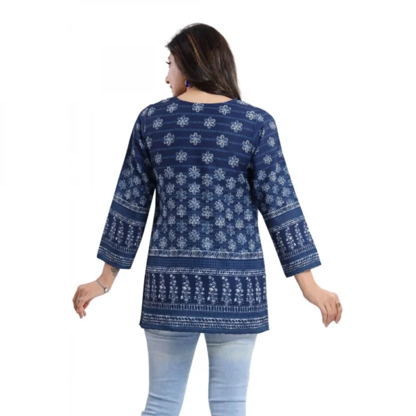 Women's Quarter Sleeve Faux Crepe Printed Short Kurti Tunic Top (Color:Blue) - Image 2