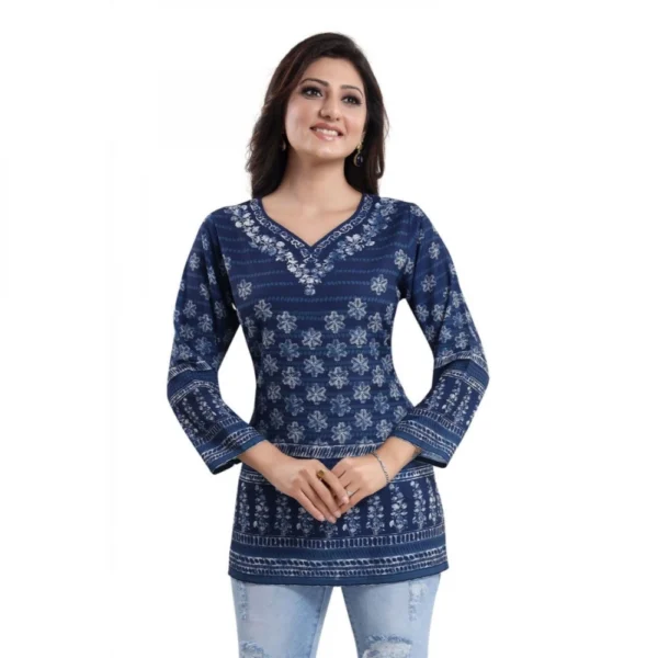 Women's Quarter Sleeve Faux Crepe Printed Short Kurti Tunic Top (Color:Blue) - Image 4