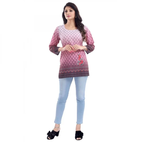 Women's Quarter Sleeve Faux Crepe Printed Short Kurti Tunic Top (Color:Pink) - Image 5