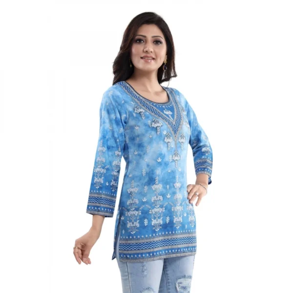 Women's Quarter Sleeve Faux Crepe Printed Short Kurti Tunic Top (Color:Sky Blue) - Image 4