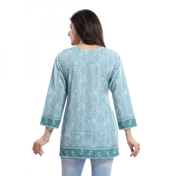 Women's Quarter Sleeve Faux Crepe Printed Short Kurti Tunic Top (Color:Blue) - Image 2