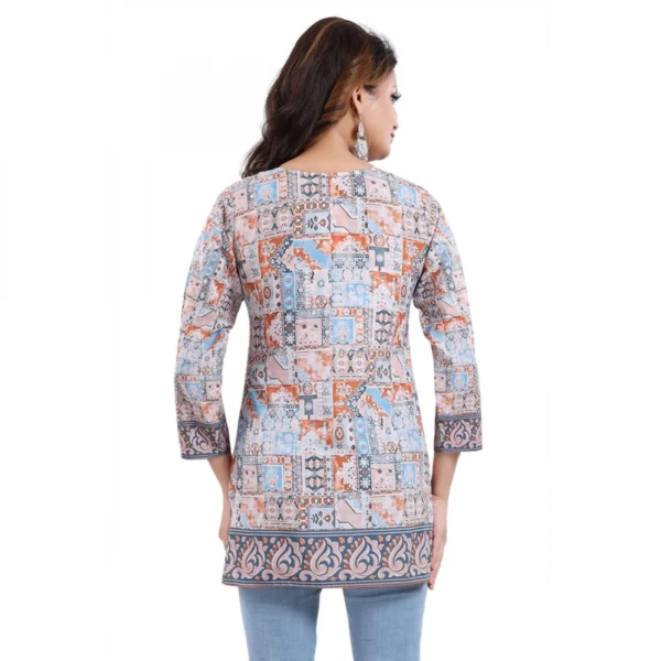 Women's Quarter Sleeve Faux Crepe Printed Short Kurti Tunic Top (Color:Blue) - Image 2