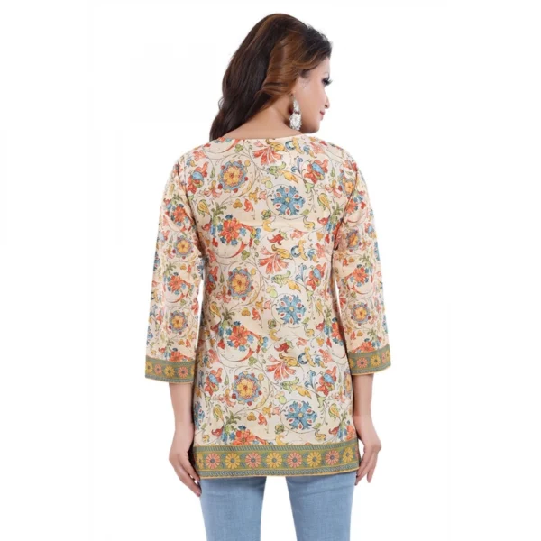 Women's Quarter Sleeve Faux Crepe Printed Short Kurti Tunic Top (Color:Multicolor) - Image 2