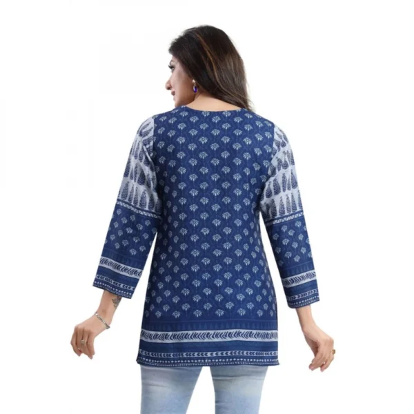 Women's Quarter Sleeve Faux Crepe Printed Short Kurti Tunic Top (Color:Blue) - Image 2