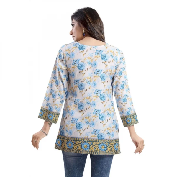 Women's Quarter Sleeve Faux Crepe Printed Short Kurti Tunic Top (Color:White) - Image 2