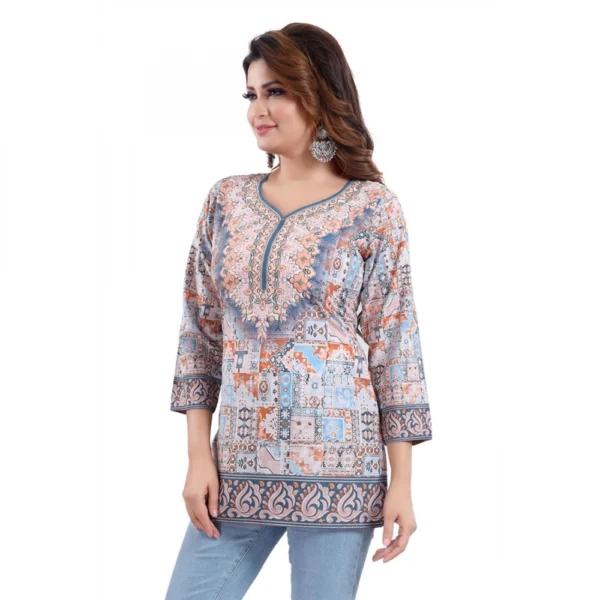 Women's Quarter Sleeve Faux Crepe Printed Short Kurti Tunic Top (Color:Blue) - Image 3