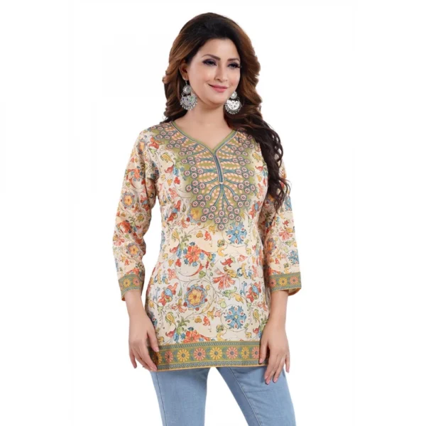 Women's Quarter Sleeve Faux Crepe Printed Short Kurti Tunic Top (Color:Multicolor) - Image 3