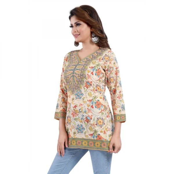 Women's Quarter Sleeve Faux Crepe Printed Short Kurti Tunic Top (Color:Multicolor) - Image 4