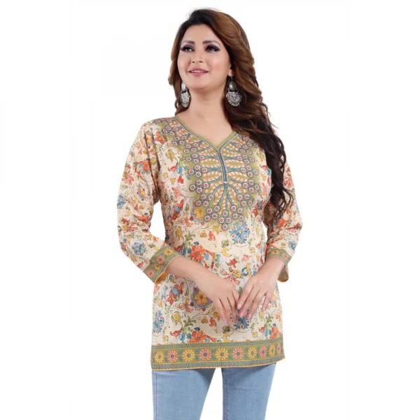Women's Quarter Sleeve Faux Crepe Printed Short Kurti Tunic Top (Color:Multicolor) - Image 6