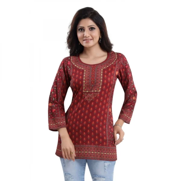Women's Quarter Sleeve Faux Crepe Printed Short Kurti Tunic Top (Color:Red) - Image 3