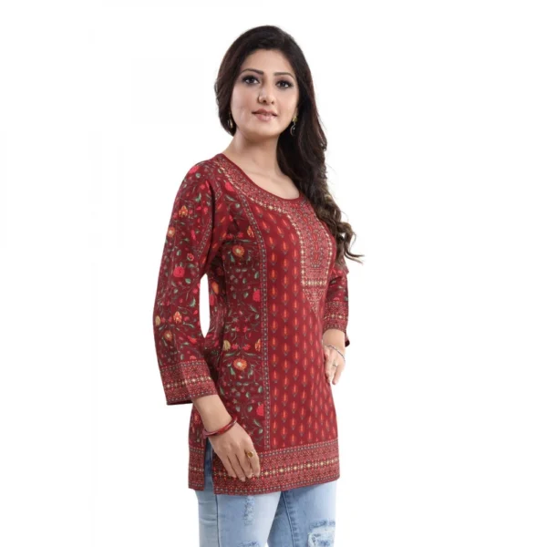 Women's Quarter Sleeve Faux Crepe Printed Short Kurti Tunic Top (Color:Red) - Image 5
