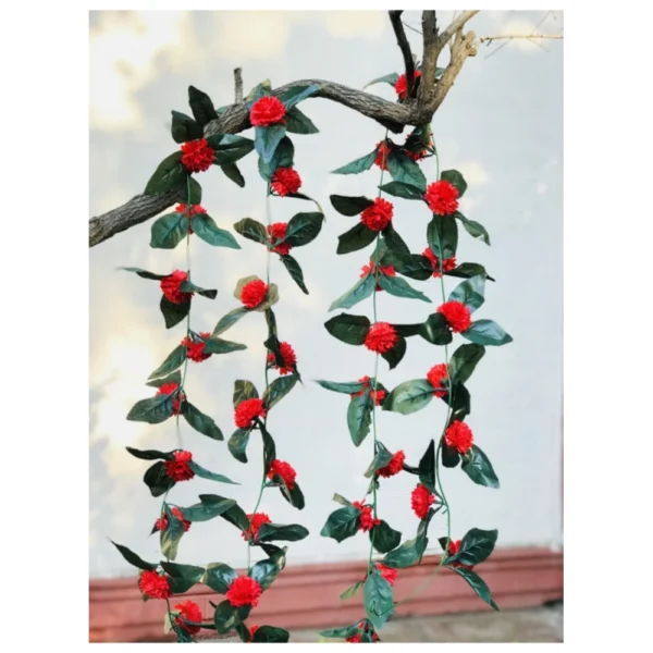 Artificial Red Marigold Genda Flower Vine Creeper With Big Green Leaves For Home Decoration (Color: Red, Material: Silk Polyester) - Image 2