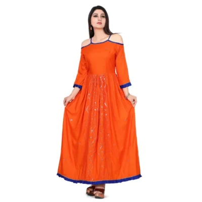 Women's Rayon Cotton Orange Embroidered Long Kurti